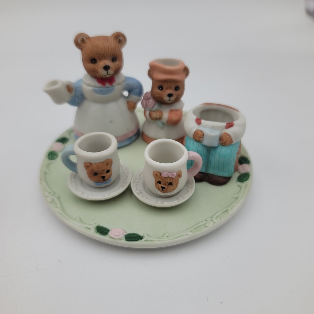 Vintage Homco 1427 Porcelain Miniature Bear Family Tea Set 7pc Green Rose Plate